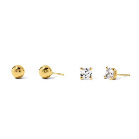 Princess-Cut Cubic Zirconia and 6.0mm Ball Stud Earrings Set in Hollow 10K Gold