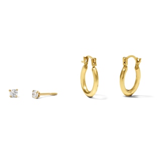 Cubic Zirconia Stud and Polished Hoop Earrings Set in Hollow 10K Gold