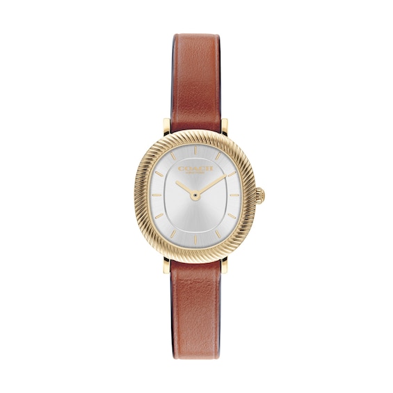 Ladies' Coach Harlow Gold-Tone IP Stainless Steel Watch with Silver-Tone Dial and Brown Leather Strap (14504725)