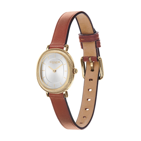 Ladies' Coach Harlow Gold-Tone IP Stainless Steel Watch with Silver-Tone Dial and Brown Leather Strap (14504725)