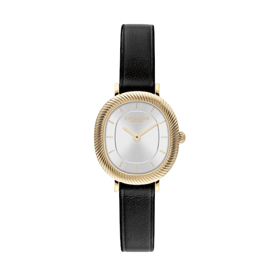 Ladies' Coach Harlow Gold-Tone IP Stainless Steel Watch with Silver-Tone Dial and Black Leather Strap (Model: 14504726)