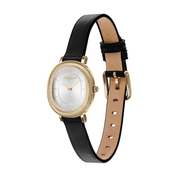 Ladies' Coach Harlow Gold-Tone IP Stainless Steel Watch with Silver-Tone Dial and Black Leather Strap (Model: 14504726)