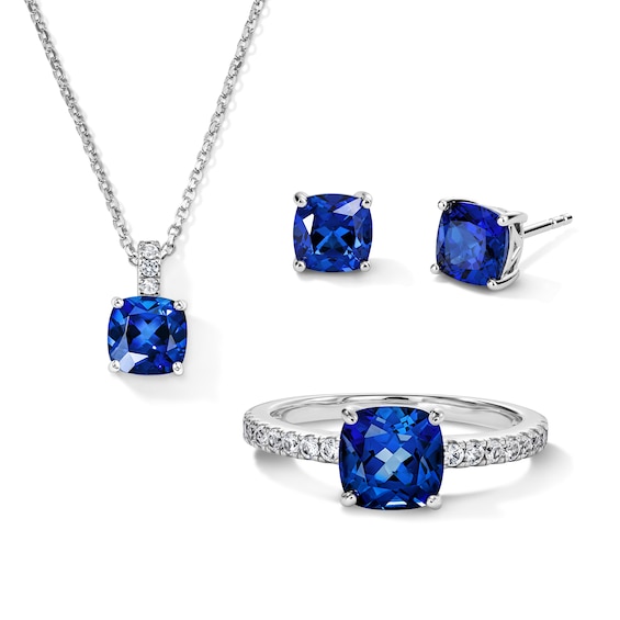 Cushion-Cut Blue Lab-Created Sapphire and White Lab-Created Sapphire Necklace, Stud Earrings, and Ring Set in Sterling Silver