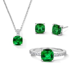 Cushion-Cut Lab-Created Emerald and White Lab-Created Sapphire Necklace, Stud Earrings, and Ring Set in Sterling Silver
