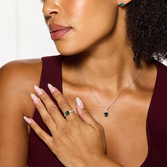 Cushion-Cut Lab-Created Emerald and White Lab-Created Sapphire Necklace, Stud Earrings
