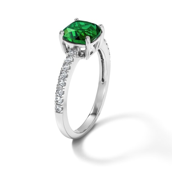 Cushion-Cut Lab-Created Emerald and White Lab-Created Sapphire Necklace, Stud Earrings, and Ring Set in Sterling Silver