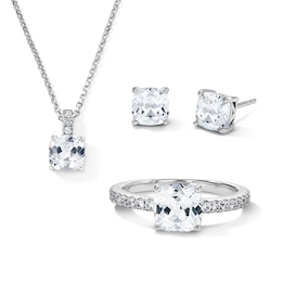 Cushion-Cut White Lab-Created Sapphire Necklace, Stud Earrings, and Ring Set in Sterling Silver