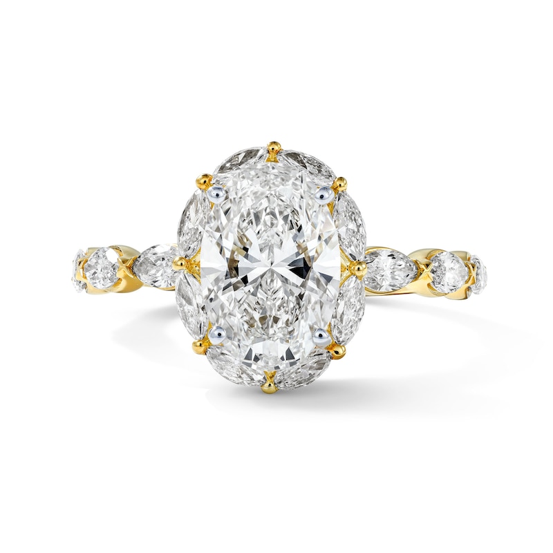 Main Image 1 of Romantic Petal 3 CT. T.W. Certified Oval Lab-Grown Diamond Frame Engagement Ring in 14K Gold (F/VS2)