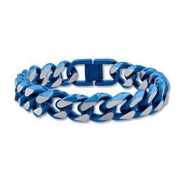 14.0mm Two-Tone Curb Chain Bracelet in Stainless Steel with Blue Ion Plate - 9"