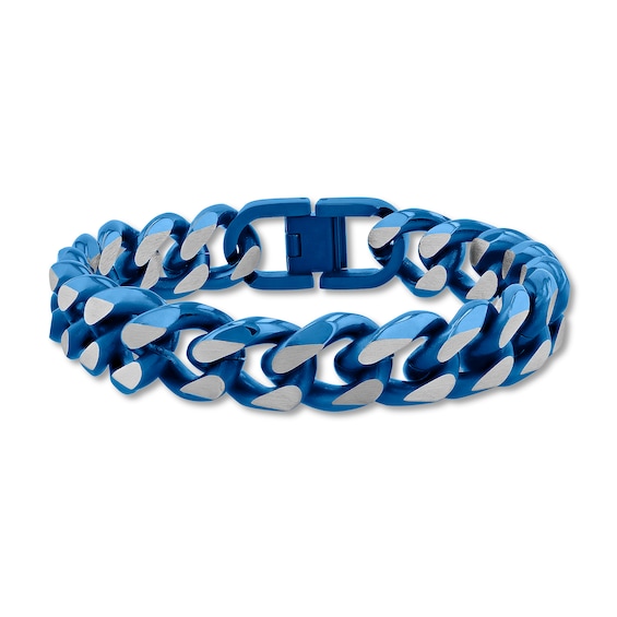 14.0mm Two-Tone Curb Chain Bracelet in Stainless Steel with Blue Ion Plate - 9"