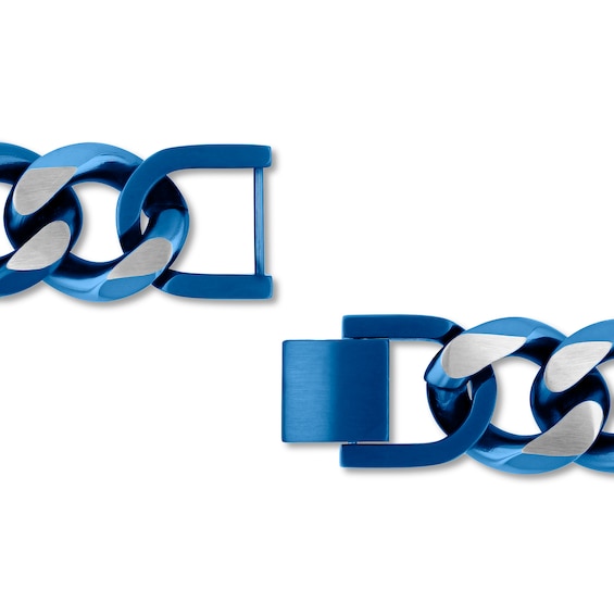 14.0mm Two-Tone Curb Chain Bracelet in Stainless Steel with Blue Ion Plate - 9"