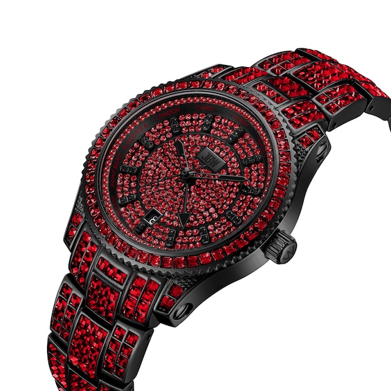 Men's Jbw® Jet Setter GMT Ruby Black IP Stainless Steel Watch with Red Crystal Dial (Model: J6413B)