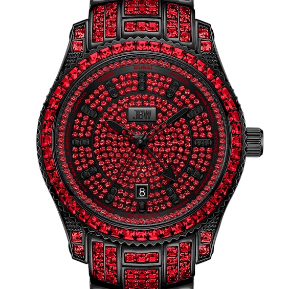 Men's Jbw® Jet Setter GMT Ruby Black IP Stainless Steel Watch with Red Crystal Dial (Model: J6413B)