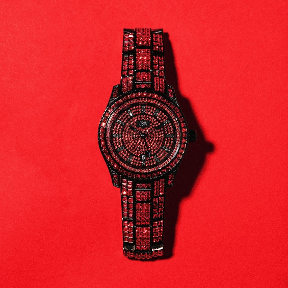 Men's Jbw® Jet Setter GMT Ruby Black IP Stainless Steel Watch with Red Crystal Dial (Model: J6413B)