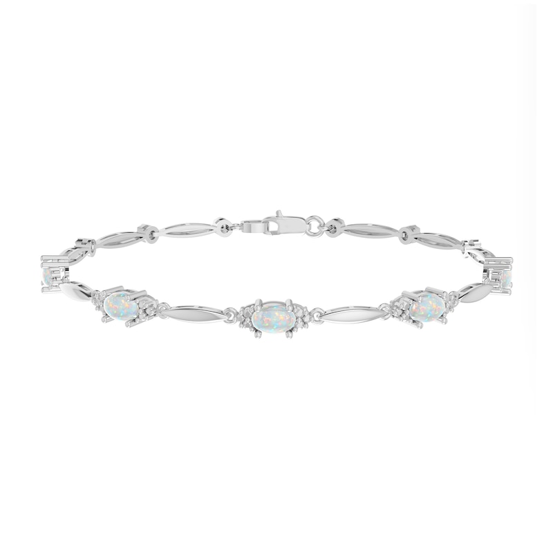 Main Image 1 of Oval Lab-Created Opal and Diamond Accent Bracelet in Sterling Silver - 7.25"