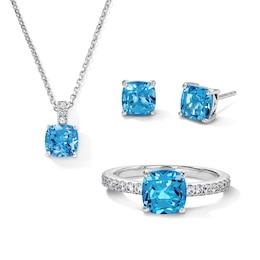 Cushion-Cut Swiss Blue Topaz and White Lab-Created Sapphire Necklace, Stud Earrings, and Ring Set in Sterling Silver