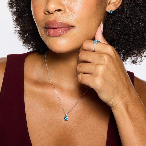 Cushion-Cut Swiss Blue Topaz and White Lab-Created Sapphire Necklace, Stud Earrings, and Ring Set in Sterling Silver