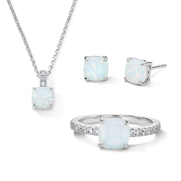 Cushion-Cut Lab-Created Opal and White Lab-Created Sapphire Necklace, Stud Earrings, and Ring Set in Sterling Silver