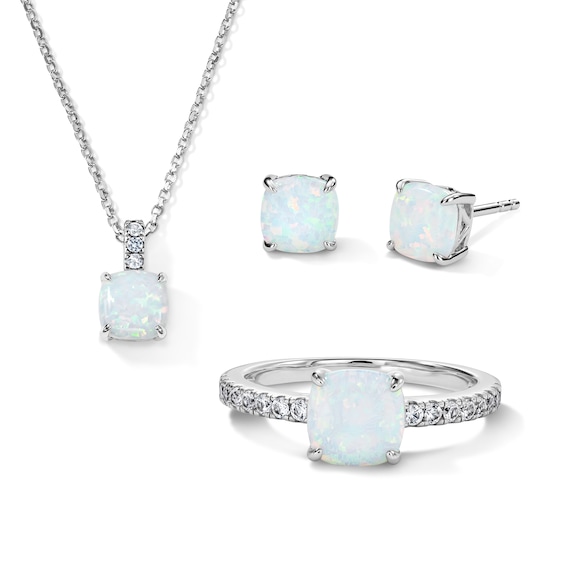 Cushion-Cut Lab-Created Opal and White Lab-Created Sapphire Necklace, Stud Earrings, and Ring Set in Sterling Silver