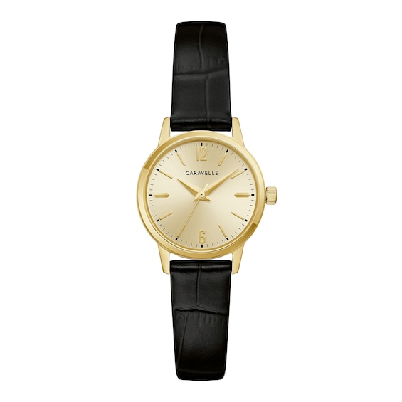 Ladies' Caravelle by Bulova Dress Quartz Gold-Tone Stainless Steel Watch with Champagne Dial and Black Leather Strap (44L272)