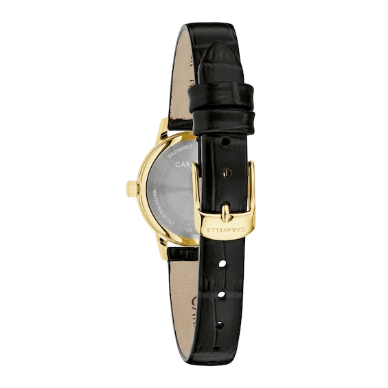 Ladies' Caravelle by Bulova Dress Quartz Gold-Tone Stainless Steel Watch with Champagne Dial and Black Leather Strap (44L272)