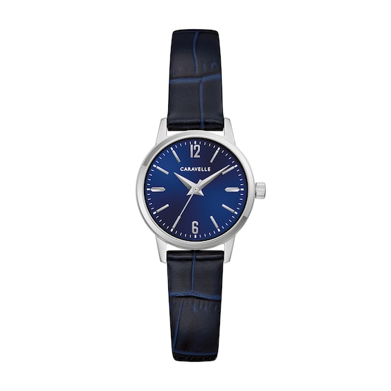 Ladies' Caravelle by Bulova Dress Quartz Stainless Steel Watch with Blue Dial and Blue Leather Strap (Model: 43L229)