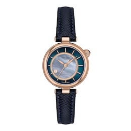 Ladies' Tissot Desir Rose-Tone PVD Stainless Steel Watch with Blue Mother-of-Pearl Dial and Blue Leather Strap (Model: T1522073613100)
