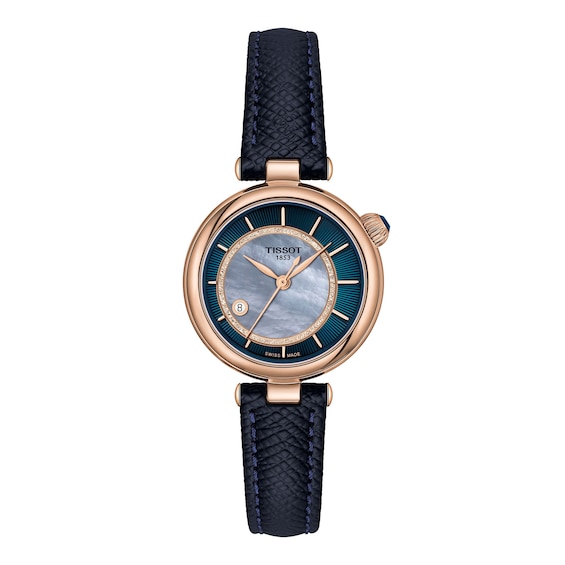 Ladies' Tissot Desir Rose-Tone PVD Stainless Steel Watch with Blue Mother-of-Pearl Dial and Blue Leather Strap (Model: T1522073613100)