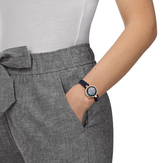 Ladies' Tissot Desir Rose-Tone PVD Stainless Steel Watch with Blue Mother-of-Pearl Dial and Blue Leather Strap (Model: T1522073613100)