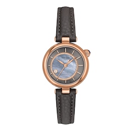 Ladies' Tissot Desir Rose-Tone PVD Stainless Steel Watch with Mother-of-Pearl Dial and Gray Leather Strap (Model: T1522073653100)