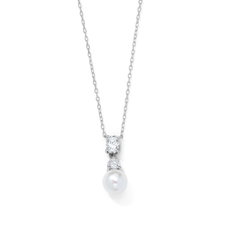 Main Image 1 of 7.0mm Cultured Pearl and 0.25 CT. T.W. Lab-Grown Diamond Necklace in Sterling Silver (F/VS2)