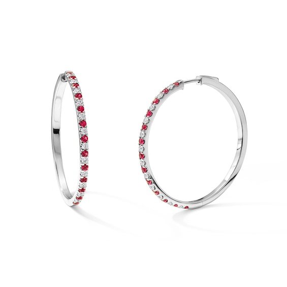 Lab-Created Ruby and 3/4 CT. T.W. Lab-Grown Diamond Hoops in Sterling Silver
