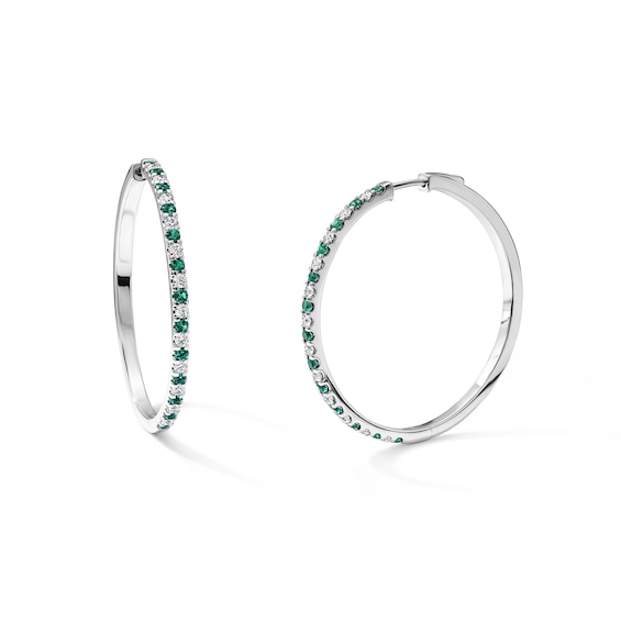 Lab-Created Emerald and 3/4 CT. T.W. Lab-Grown Diamond Hoops in Sterling Silver