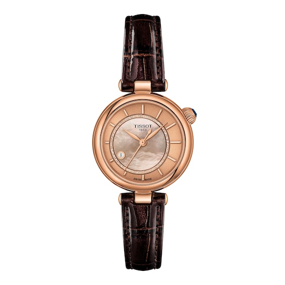 Ladies' Tissot Desir RoseTone PVD Stainless Steel Watch with Pink Mother-of-Pearl Dial and Brown Leather Strap (Model: T1522073652100)