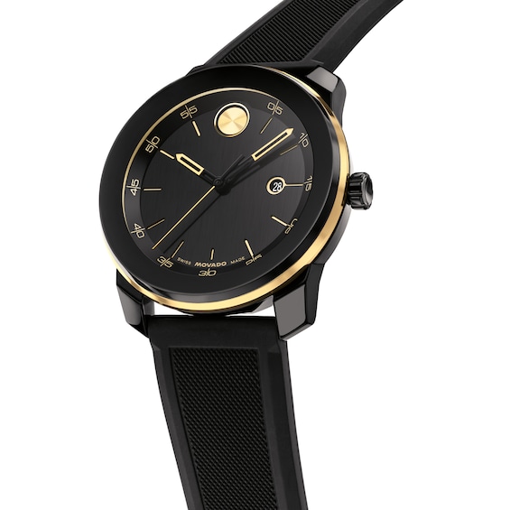 Men's Movado Bold® Tr90 Black Ion-Plated Stainless Steel Watch with Black Dial and Silicone Strap (Model: 3601416)