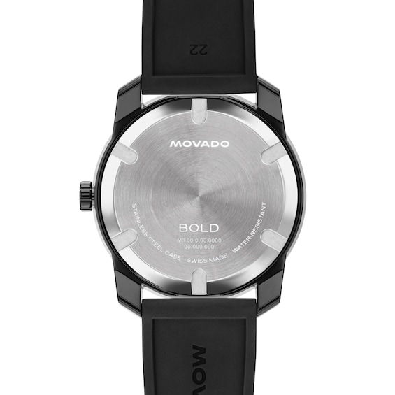 Men's Movado Bold® Tr90 Black Ion-Plated Stainless Steel Watch with Black Dial and Silicone Strap (Model: 3601416)