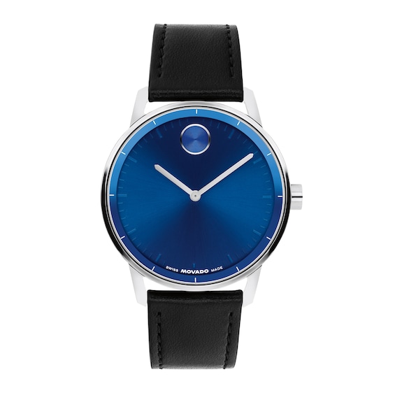 Men's Movado Bold® Echo Stainless Steel Watch with Blue Dial and Black Leather Strap (Model: 3601403)