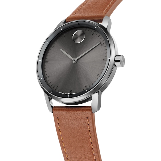 Men's Movado Bold® Echo Gray IP Stainless Steel Watch with Grey Dial and Brown Leather Strap (Model: 3601404)