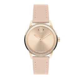 Ladies' Movado BOLD® Echo Rose-Tone Stainless Steel Watch with Rose-Tone Dial and Nude Leather Strap (Model: 3601410)