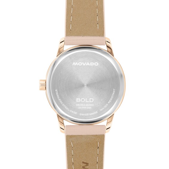 Ladies' Movado Bold® Echo Rose-Tone Stainless Steel Watch with Rose-Tone Dial and Nude Leather Strap (Model: 3601410)