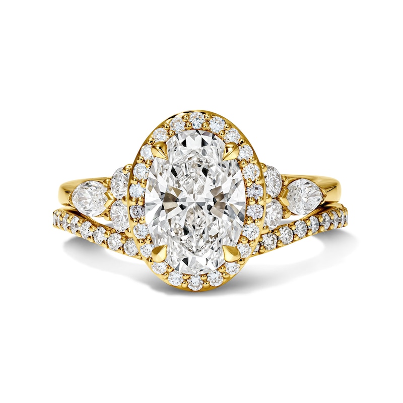 Main Image 1 of Enchanted Disney Belle 2-7/8 CT. T.W. Certified Oval Lab-Grown Diamond Frame Bridal Set in 14K Gold (F/VS2)