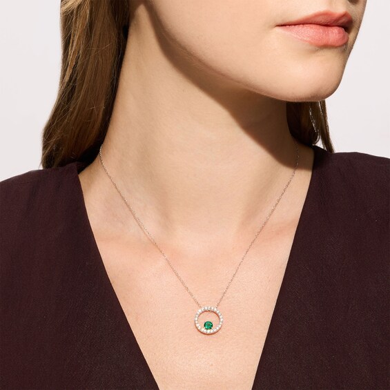 Lab-Created Emerald and 1/2 CT. T.w. Lab-Grown Diamond Circle Necklace in Sterling Silver (F/Vs2)
