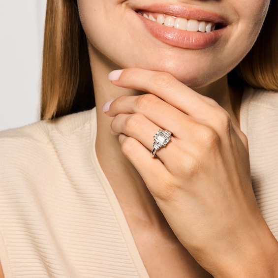 3 CT. T.w. Certified Emerald-Cut Lab-Grown Diamond Engagement Ring in 14K White Gold (F/Vs2)