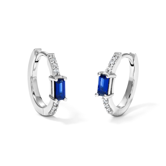 Baguette-Cut Lab-Created Sapphire and 1/20 CT. T.W. Lab-Grown Diamond Hoops in Sterling Silver