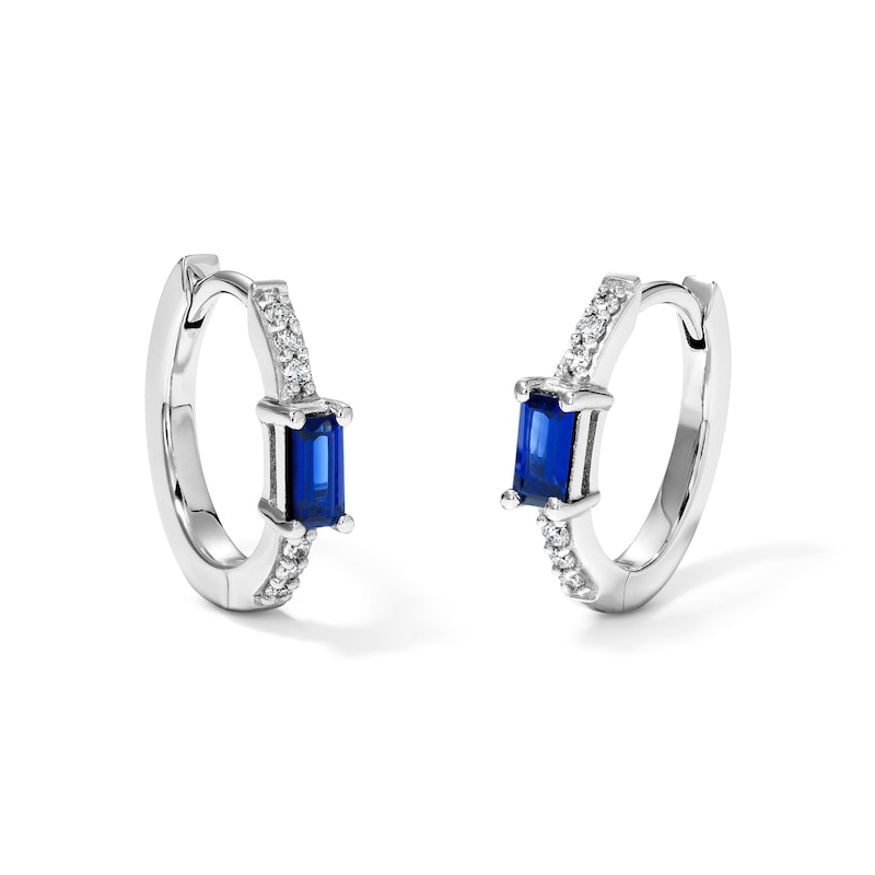 Main Image 1 of Baguette-Cut Lab-Created Sapphire and 1/20 CT. T.W. Lab-Grown Diamond Hoops in Sterling Silver