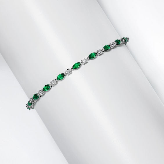 Marquise-Cut Lab-Created Emerald and 1 CT. T.W. Lab-Grown Diamond Bracelet in Sterling Silver - 7.25"
