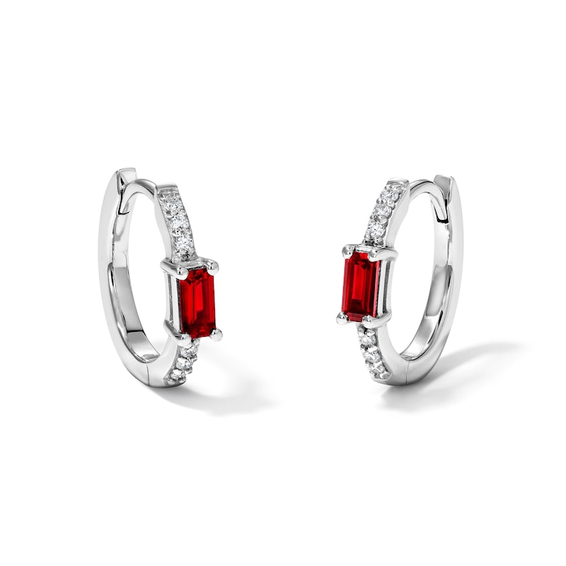 Main Image 1 of Baguette-Cut Lab-Created Ruby and 1/20 CT. T.W. Lab-Grown Diamond Hoops in Sterling Silver