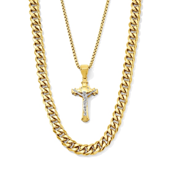 Yellow Ion-Plated Crucifix Pendant and Curb Chain Necklace Box Set