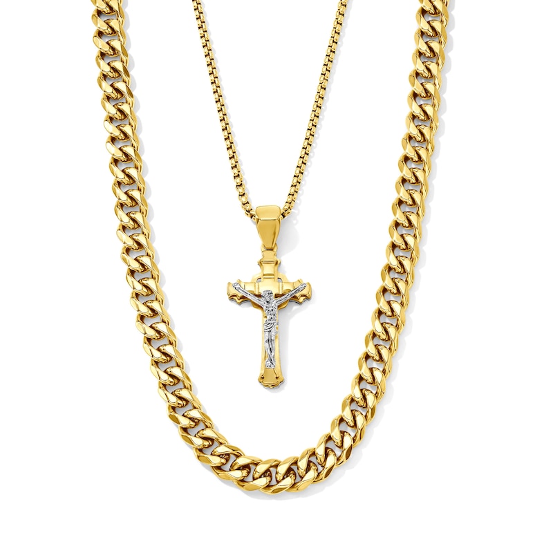 Main Image 1 of Yellow Ion-Plated Crucifix Pendant and Curb Chain Necklace Box Set