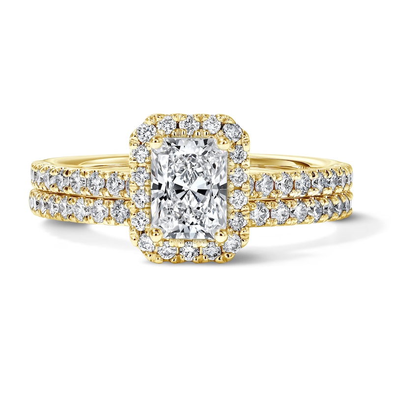 Main Image 1 of 1-1/4 CT. T.W. Radiant-Cut Certified Lab-Grown Diamond Frame Bridal Set in 14K Gold (F/VS2)